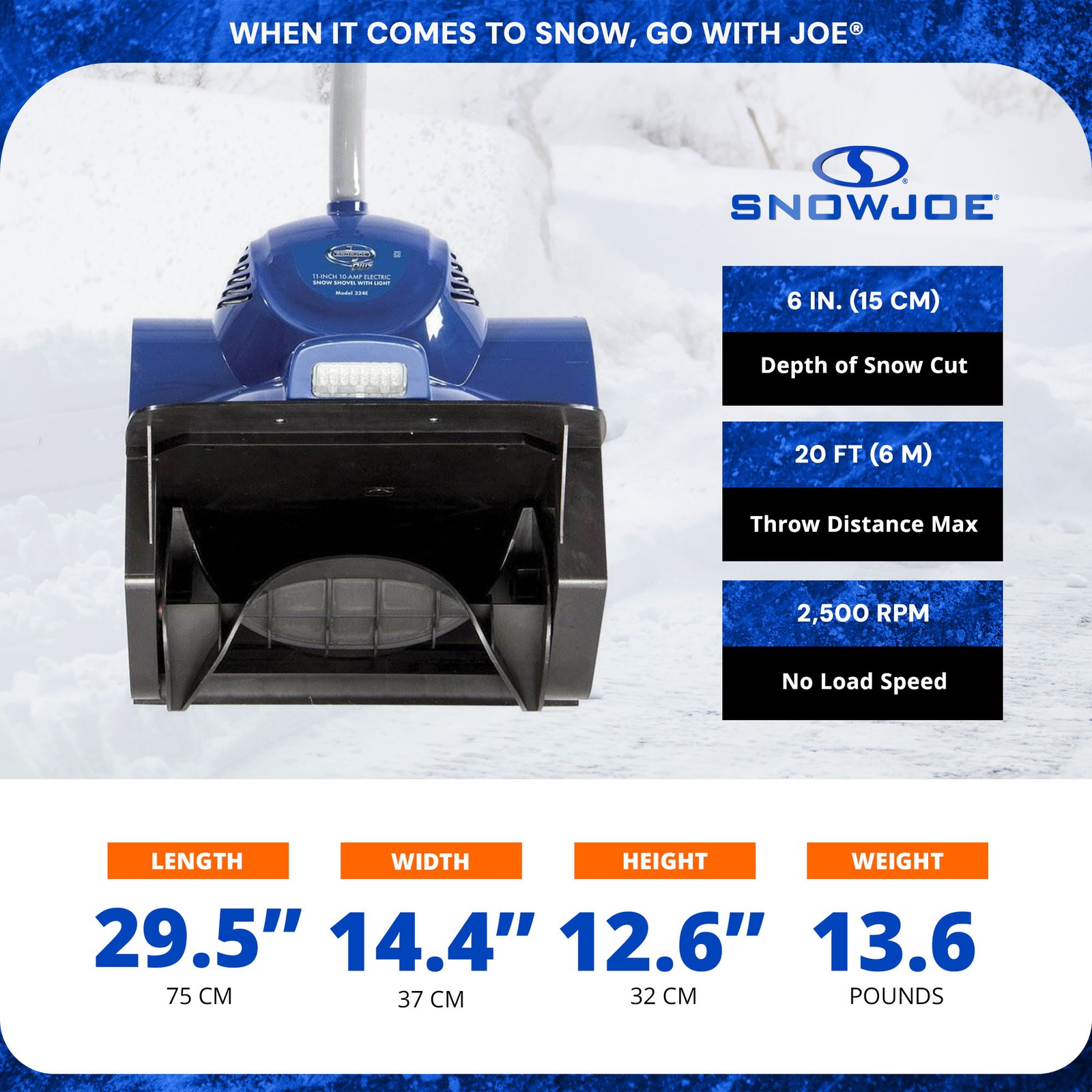 Snow Joe Corded Electric Snow Shovel with Headlight and 11" Clearing Path, 324E