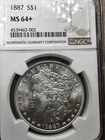 An 1887 MS64+ (NGC) Morgan Silver Dollar