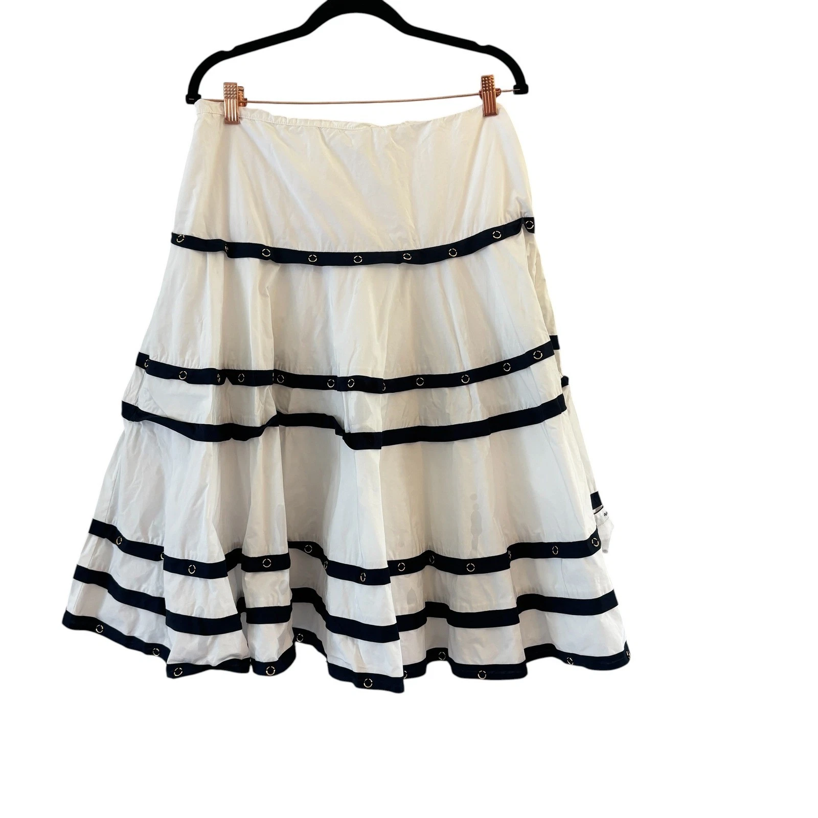 Cache Y2K Tiered Midi Skirt 10 White Black Nautical Coastal Preppy Sailor