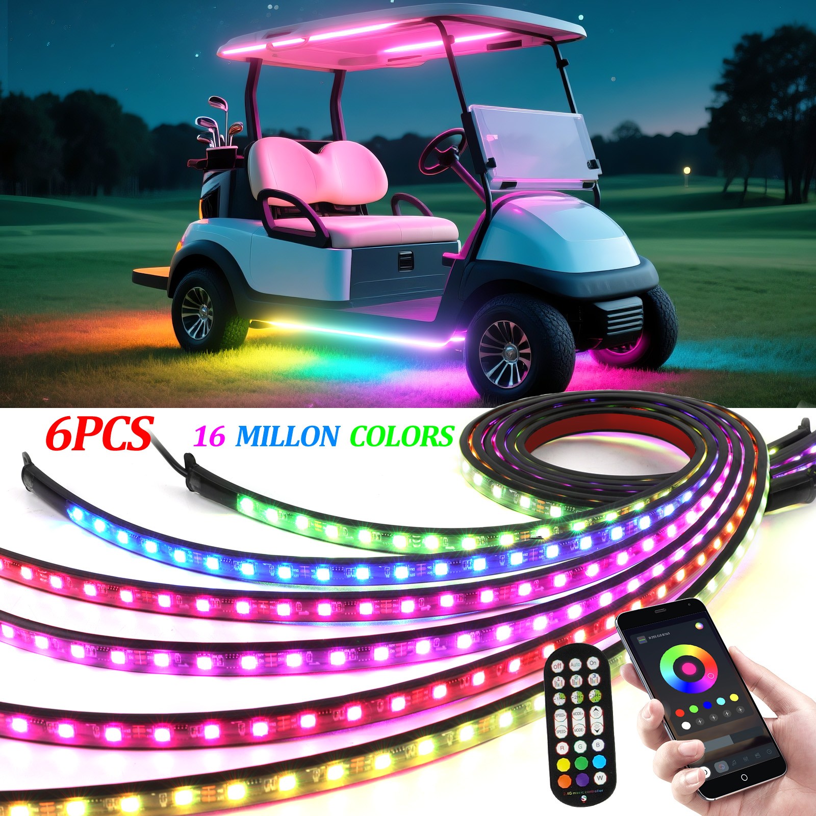 Golf Cart Underglow Light LED Strip Bar APP Remote Kit For C