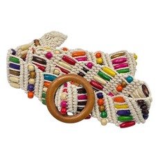 Boho Macrame Colorful Beaded Belt Woven Wood Buckle Hippie Festival OS