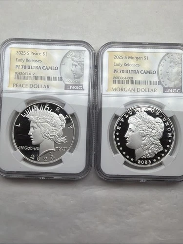 2025-S Proof $1 Morgan and Peace Silver Dollar 2pc Set NGC PF70UC ER Morgan