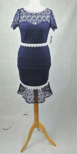 Paper Dolls Midi Lace Dress Contrast Lace Trim Navy Size UK 12 DH8