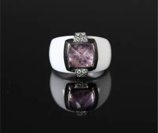 BAGUE GUY LAROCHE CERAMIQUE DIAMANT OR 18 CT AMETHYSTE TAILLE 56 - Photo 2/4