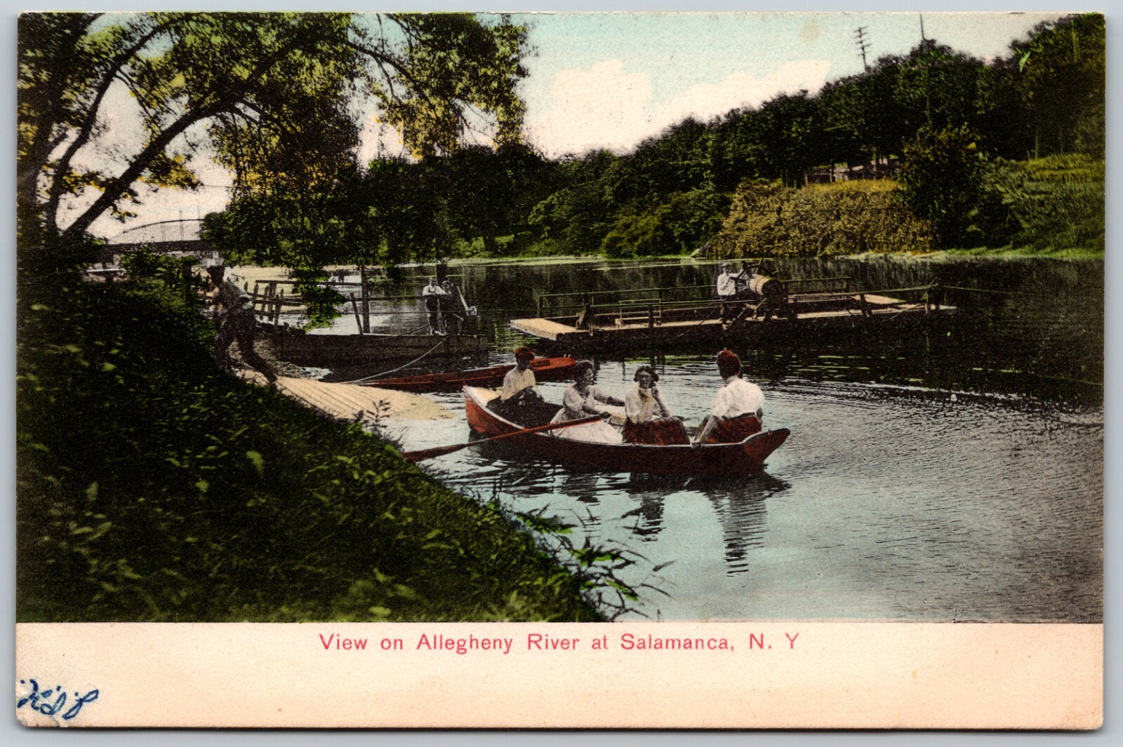 1908 Allegheny River Salamanca NY escena de navegación postal antigua 8102