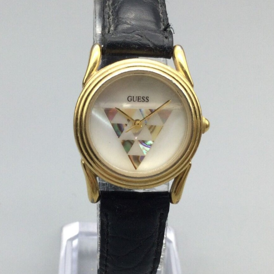 Vtg Guess Watch Women 26mm Gold Tone MOP Dial 1995 Black  display picture 3