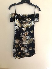 VTG Y2K Windsor Dress Black Gold Floral Off The Shoulder Mini Dress Made In USA