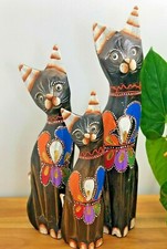 Wooden Cat Ornament Set 35cm Painted Cat Statue Gift Home Decor Hancarved