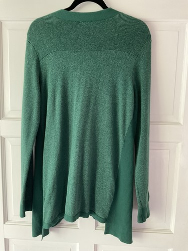 LOGO by Lori Goldstein Marled Knit Cardigan W/ Ribbed Panels, Evergreen, Small - Picture 2 of 8