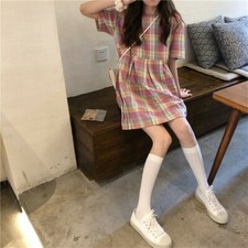 Women Short Sleeve Dress Rainbow Check High Waist Loose Casual Preppy Summer