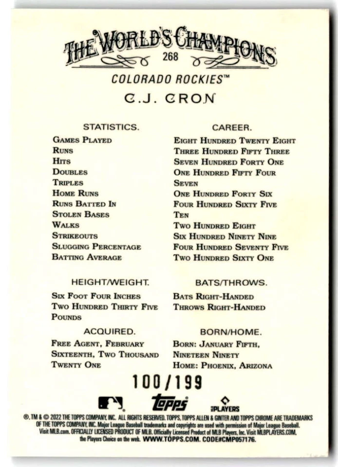 2022 Allen & Ginter Chrome Magenta Refractor #268 C.J. Cron /199 Rockies - Image 2 of 2