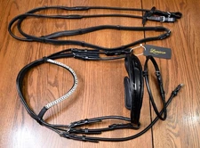 Lumiere, New, rolled patent monocrown bridle + reins, black, Horse full