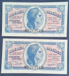 Pareja correlativa sin circular de 50 centimos de 1937. P93. República española