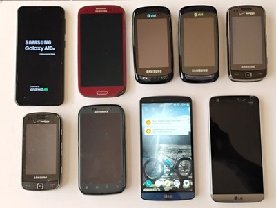 Lot of 9 Samsung LG Phones Galaxy S3, A10e, Impression , LGLS990, LGG5 for Parts