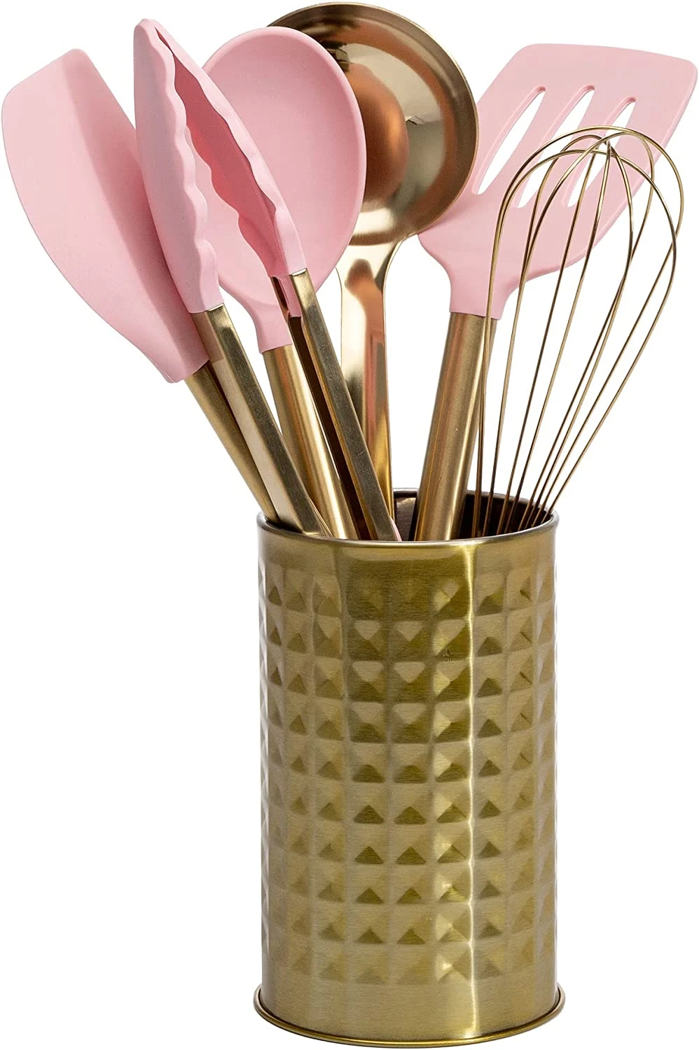 Kitchen Set Tool Crock with Silicone Cooking Utensils, Stainless Steel Whisk and