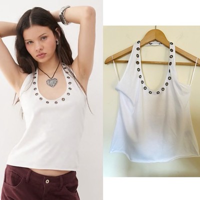 Weekday Halterneck Tank Top Womens Sz Medium White with Silver Eyelet detail