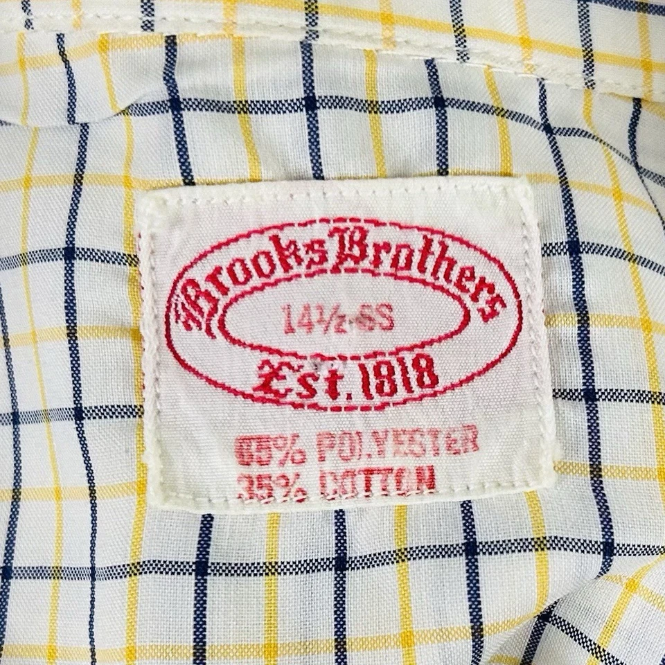 Camisa de vestir Brooks Brothers 14,5 manga corta amarillo azul a cuadros mezcla de algodón Foto 3 de 4