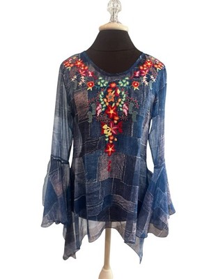 Adore Blue Chiffon Embroidered Bell Sleeve Handkerchief Hem Tunic Top Small