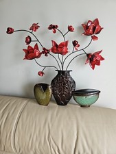 Metal Roses Sculpture Vase  and Two Side Bowls 22" High & 22" Wide Wall Decor