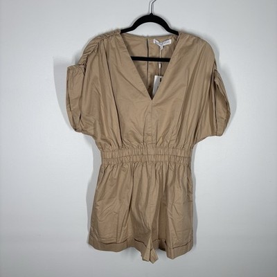 Endless Rose Women M Beige Poplin V-Neck Short Sleeve Ruched Shoulder Romper NWT