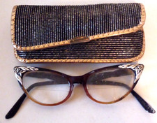 VTG CAT EYE EYEGLASSES W/CASE c. 1950 BIFOCAL LENS Fa