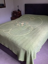 Vintage Retro Green Candlewick Tufted Bedspread Throw Camper Van Picnic #VF*bab