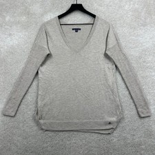American Eagle Sweater Women Size Small Beige Long Sleeve V Neck Cotton Pullover