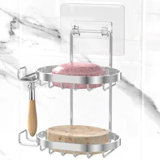 2 Tier Soap Dish Holder Bar with Hooks Shampoo Caddy for Shower Wall Razor