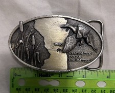 Vtg 1980 Ducks Unlimited Belt Buckle State Line Wisconsin Illinois Charter Membe