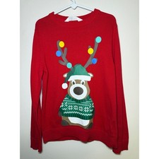 H M Kids Christmas Sweater Reindeer Holiday Lights Red Crewneck, Size 6/7