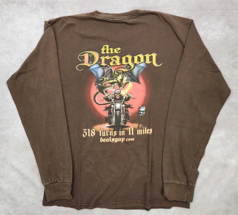 Vtg Deals Gap The Dragon 318 Motorcycle Resort Mens Brown L Biker  T-Shirt