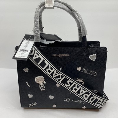 Karl Lagerfeld Paris Satchel Bag Womens Medium Black Faux Leather Crossbody