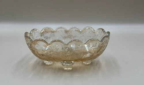Vintage Marigold Carnival Glass Footed Bowl Scalloped Edge Embossed Floral