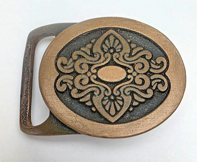 Vintage 1979 Tech Ether Guild Inc 'Brocade' brass belt buckle, original patina