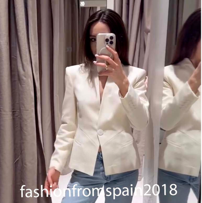 ZARA NEW WOMAN FITTED BLAZER WITH SHOULDER PADS JACKET ECRU XS-XL
