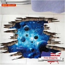 3D Space Floor Sticker,Blue Galaxy Wall Decal-Removable Mural for Kids Bedroom