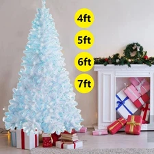 4ft 5ft 6ft 7ft White Christmas Tree with Lights Blue Xmas Pine Bushy & Stand