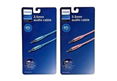 Philips 6 ft (1.8m) Auxiliary Cable 3.5mm Elite, Blue or Rose Gold