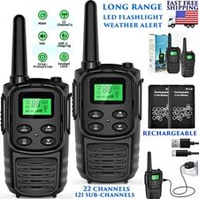 LONG RANGE WALKIE TALKIE 2 SET USB-C RECHARGEABLE LED FLASHLIGHT FRS VOX NOAA