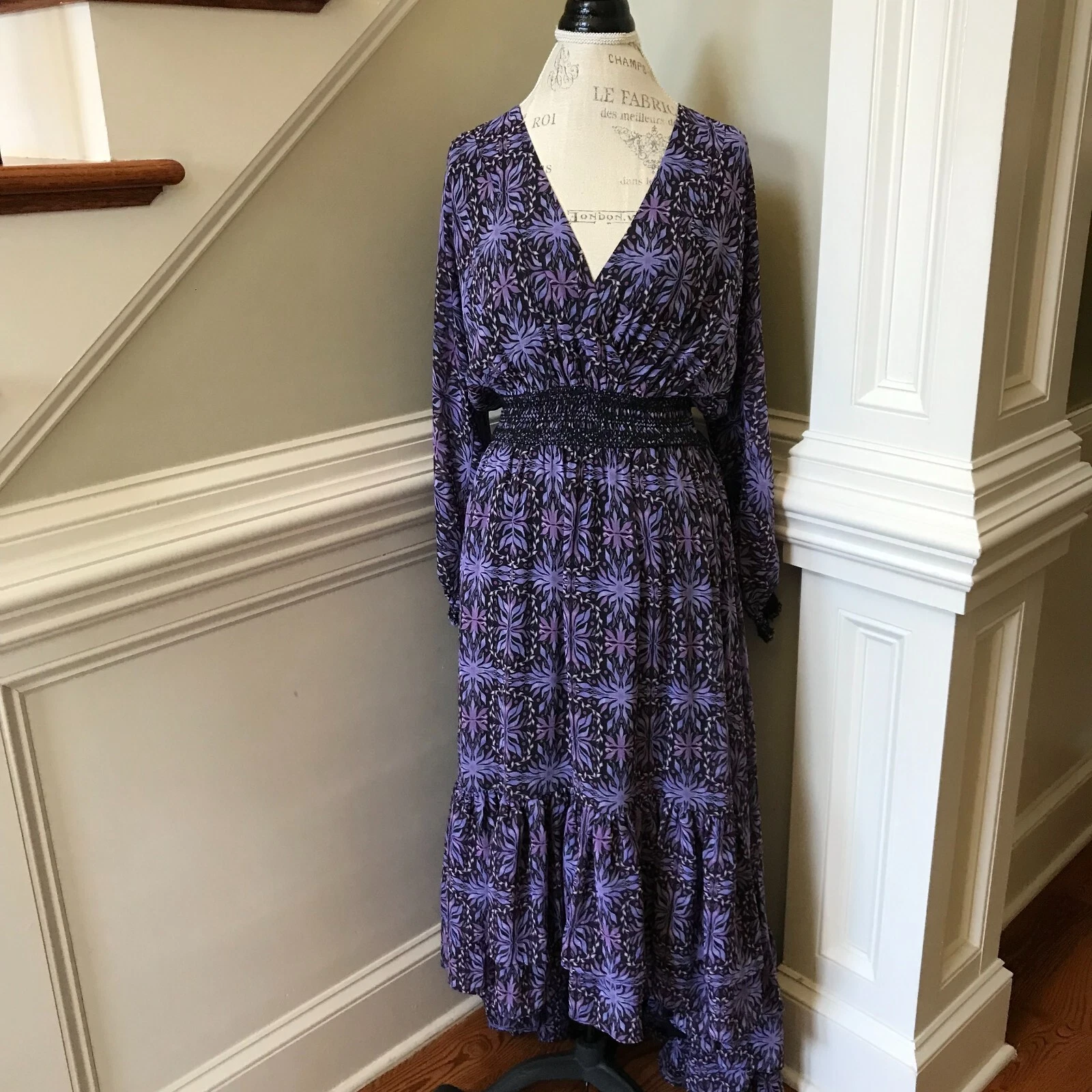 Maxi abito donna Allison NY Celine piccolo viola nero scollo a v manica lunga smocked