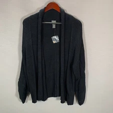 Chicos Sweater Womens Large Black Cotton Angora Open Cardigan Roll Tab Cuff