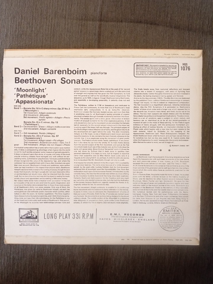 BEETHOVEN SONATAS DANIEL BARENBOIM 1969 UK HIS MASTERS VOICE 12" LP HQS