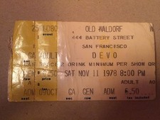 Devo concert ticket stub old waldorf san francisco nov 11 1978 8pm