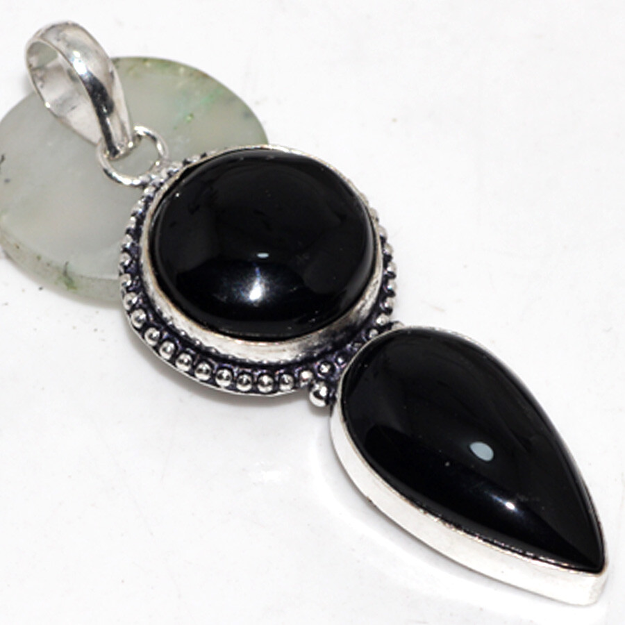 925 Black Onyx Silver Ethnic Long Pendant Jewelry 2.5 Inches CW