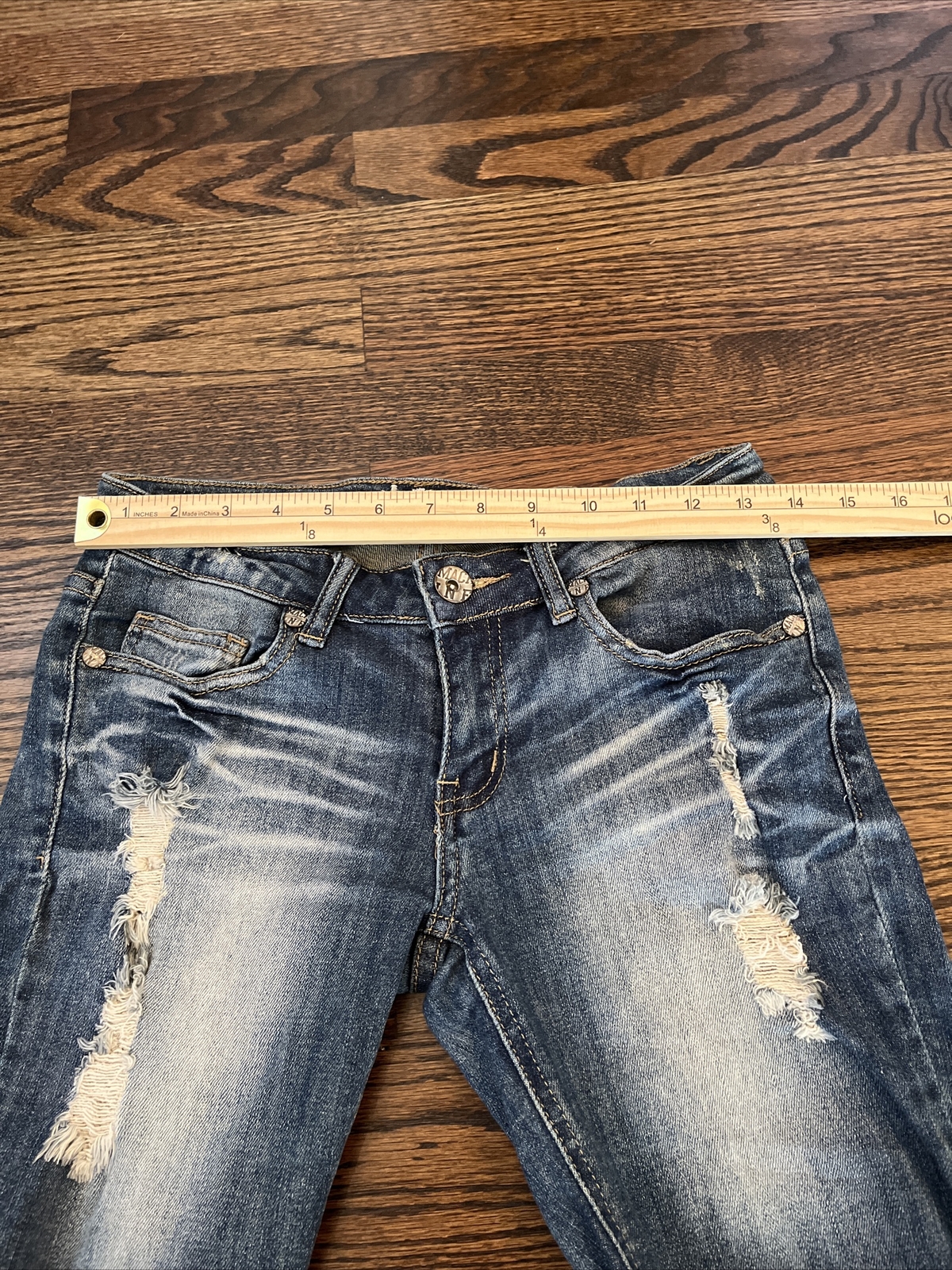 Machine Shorts Womens Size 5 Stretch Blue Denim Cutoff jean distressed fringed - View 3