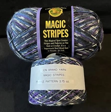 (2) Lion Brand Magic Stripes Yarn PURPLE PATTERN  #203 Purple Blue Gray White
