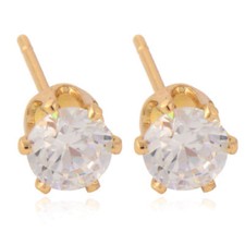 Nice New Yellow Gold Plated 7mm 6 Prong Set Round Clear White CZ Stud Earrings