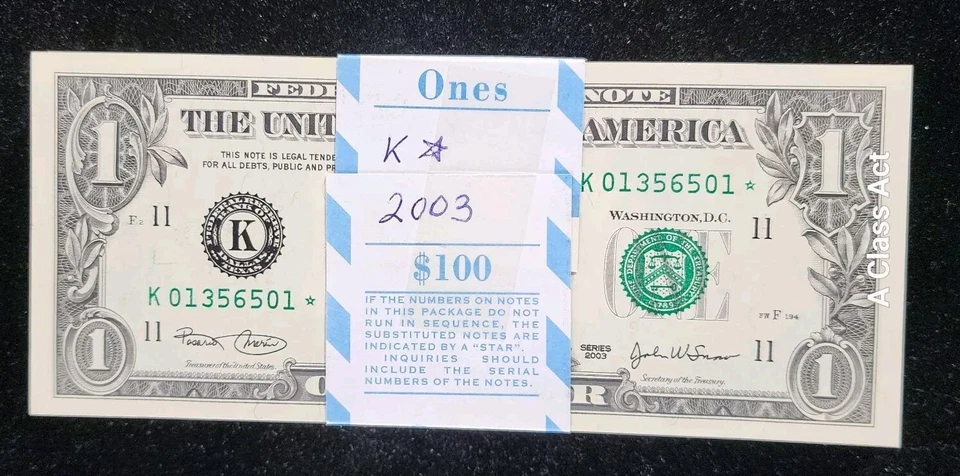 2003  $1 - 100 Note Star Pack Consecutive Serial #'s Dallas. F 1929 K☆. T8706 - Image 3 of 4