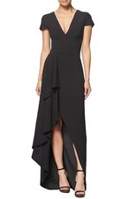 DRESS the POPULATION Black Alma Ruffle High/Low V-Neck Crepe Maxi Gown S 4/6