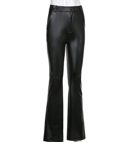 Women's Black PU Leather Straight Leg Casual Pants Stretch Trousers Punk Flared - Picture 7 of 11